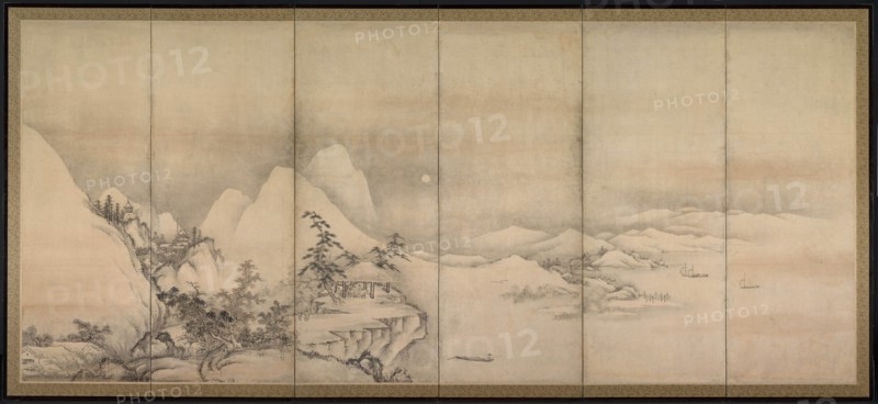 Chinese Landscape, 1500s. Japan, Muromachi period (1392-1573). One of a pair of six-fold screens; ink and slight color on paper; image: 155.5 x 357.8 cm (61 1/4 x 140 7/8 in.); overall: 171.5 x 373.4 cm (67 1/2 x 147 in.); closed: 171.5 x 63.5 x 11 cm (67 1/2 x 25 x 4 5/16 in.).