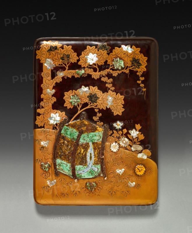 Inkstone Case (lid), 19th century. Japan, Edo Period (1615-1868). Lacquer on wood inlaid with mother-of-pearl, applied carved metal, and glazed ceramic; overall: 3.5 x 21.6 x 16 cm (1 3/8 x 8 1/2 x 6 5/16 in.).