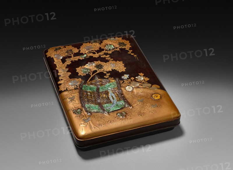 Inkstone Case and Lid, 19th century. Japan, Edo Period (1615-1868). Lacquer on wood inlaid with mother-of-pearl, applied carved metal, and glazed ceramic; overall: 3.5 x 21.6 x 16 cm (1 3/8 x 8 1/2 x 6 5/16 in.).