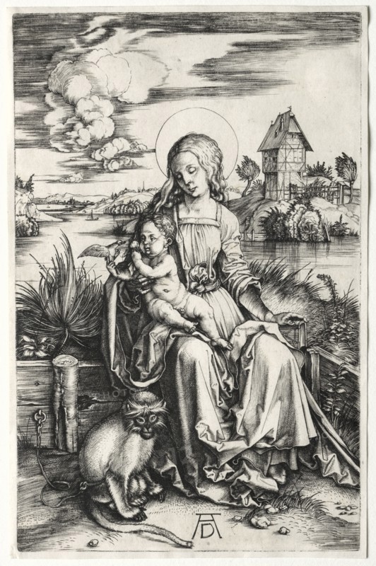 The Virgin and Child with a Monkey, c. 1498. Albrecht Dürer (German, 1471-1528). Engraving; image: 19 x 7.9 cm (7 1/2 x 3 1/8 in.)