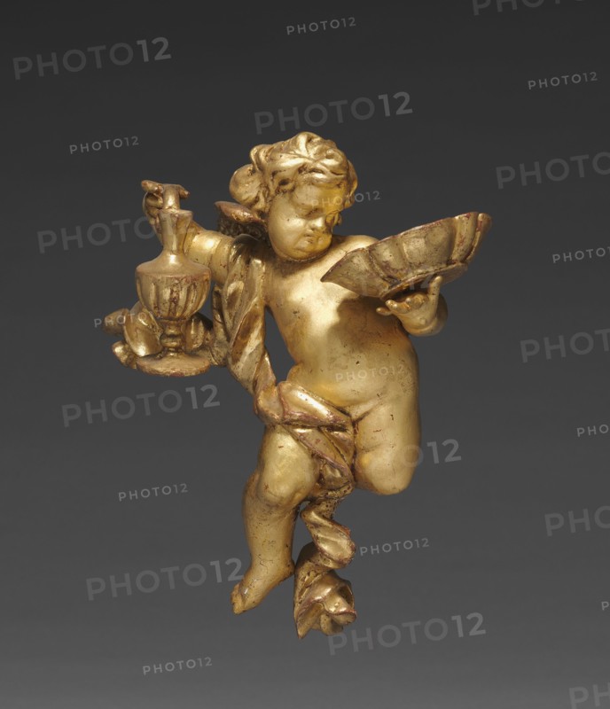 Altarpiece with Relics - Putto with Ewer, upper left, c. 1735-1740. And workshop Joseph Matthias Götz (German, 1696-1760). Gilded wood, with relics in niches: gilded wood, mother-of-pearl, ebony, red silk, gold wire, seed pearls, rock crystal, pen and ink on paper