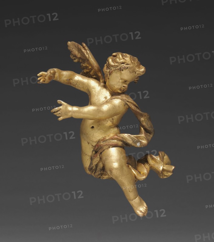 Altarpiece with Relics - Putto with column, upper right, 1735-1740. And workshop Joseph Matthias Götz (German, 1696-1760). Gilded wood, with relics in niches: gilded wood, mother-of-pearl, ebony, red silk, gold wire, seed pearls, rock crystal, pen and ink on paper