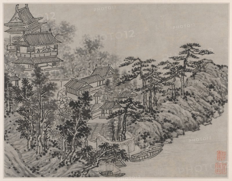 Twelve Views of Tiger Hill, Suzhou: Cloud-Climbing Pavilion, after 1490. Shen Zhou (Chinese, 1427-1509). Album leaf, ink on paper or ink and slight color on paper; image: 31.6 x 40.5 cm (12 7/16 x 15 15/16 in.); overall: 36.5 x 49.9 cm (14 3/8 x 19 5/8 in.).