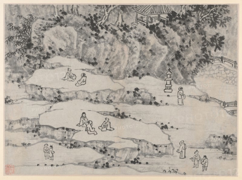 Twelve Views of Tiger Hill, Suzhou: The Nodding Stone Terrace, Tiger Hill, and the Thousand-Man Seat, after 1490. Shen Zhou (Chinese, 1427-1509). Album leaf, ink on paper or ink and slight color on paper; image: 31.2 x 42.3 cm (12 5/16 x 16 5/8 in.); overall: 36.5 x 49.9 cm (14 3/8 x 19 5/8 in.).