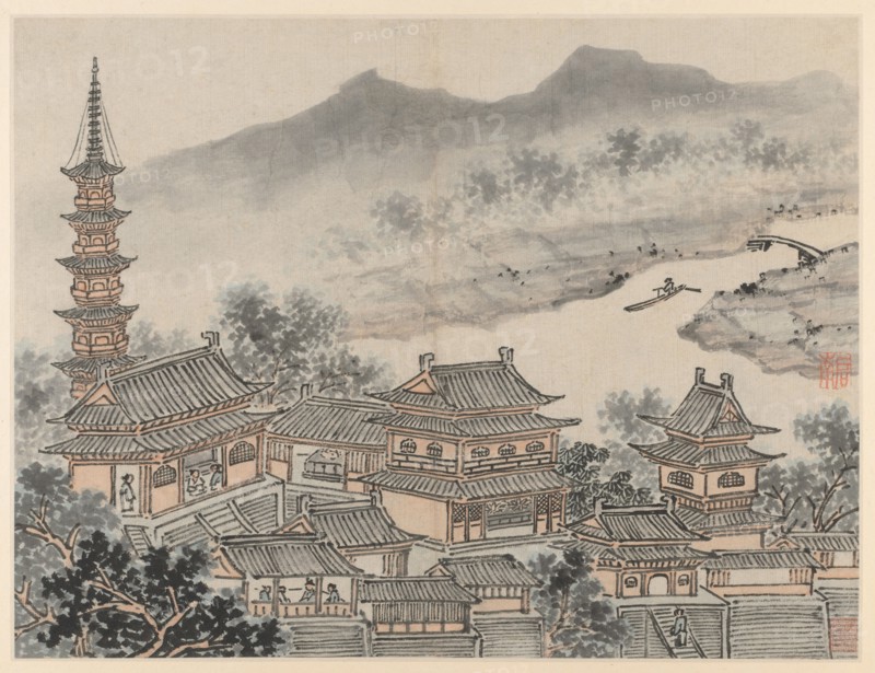 Twelve Views of Tiger Hill, Suzhou: The Thousand Buddha Hall and the Pagoda of the "Cloudy Cliff" Monastery, after 1490. Shen Zhou (Chinese, 1427-1509). Album leaf, ink on paper or ink and slight color on paper; image: 31.1 x 41 cm (12 1/4 x 16 1/8 in.); overall: 36.5 x 49.9 cm (14 3/8 x 19 5/8 in.).