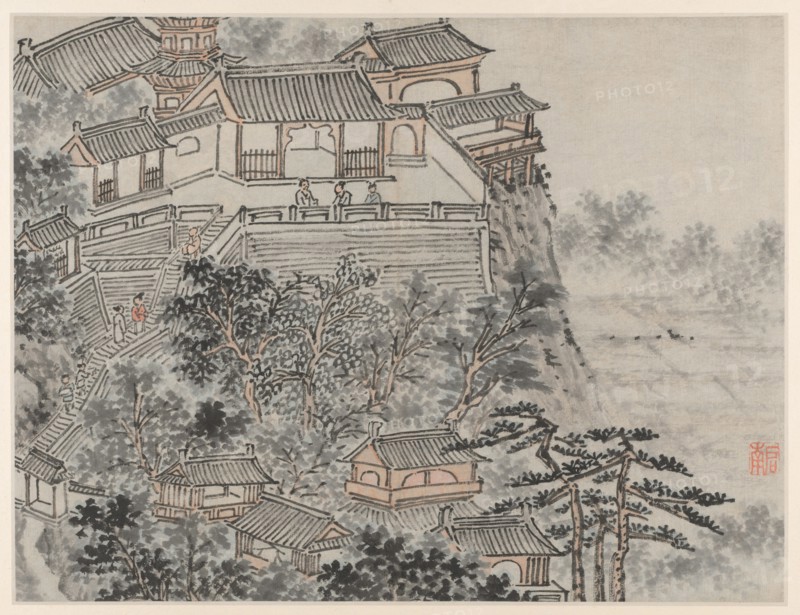 Twelve Views of Tiger Hill, Suzhou: The Five Sages Terrace, after 1490. Shen Zhou (Chinese, 1427-1509). Album leaf, ink on paper or ink and slight color on paper; image: 31.5 x 41.4 cm (12 3/8 x 16 5/16 in.); overall: 36.5 x 49.9 cm (14 3/8 x 19 5/8 in.).