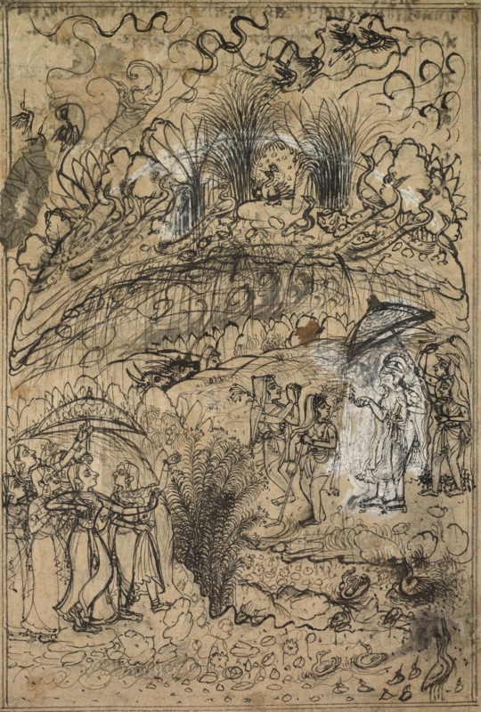 Krishna and Radha Under Mt. Govardhan, c. 1720. India, Rajasthan, Kota, 18th century. Ink on paper; overall: 30.3 x 20.2 cm (11 15/16 x 7 15/16 in.).