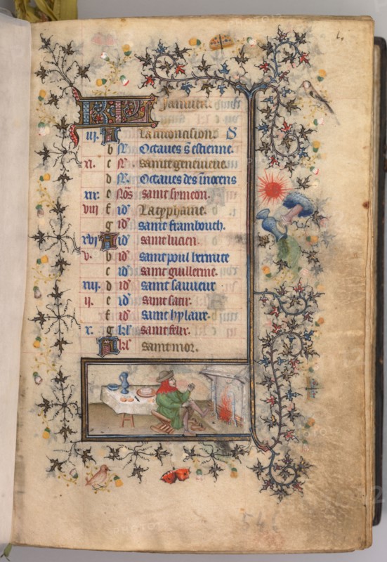 Hours of Charles the Noble, King of Navarre (1361-1425): fol. 1r, January, c. 1405. Master of the Brussels Initials and Associates (French). Ink, tempera, and gold on vellum; codex: 20.3 x 15.7 x 7 cm (8 x 6 3/16 x 2 3/4 in.)