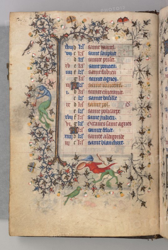 Hours of Charles the Noble, King of Navarre (1361-1425): fol. 1v, January , c. 1405. Master of the Brussels Initials and Associates (French). Ink, tempera, and gold on vellum; codex: 20.3 x 15.7 x 7 cm (8 x 6 3/16 x 2 3/4 in.).