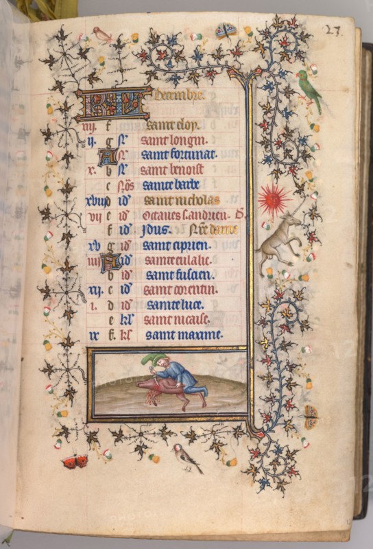 Hours of Charles the Noble, King of Navarre (1361-1425): fol. 12r, December, c. 1405. Master of the Brussels Initials and Associates (French). Ink, tempera, and gold on vellum; codex: 20.3 x 15.7 x 7 cm (8 x 6 3/16 x 2 3/4 in.)