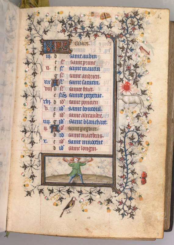 Hours of Charles the Noble, King of Navarre (1361-1425): fol. 3r, March, c. 1405. Master of the Brussels Initials and Associates (French). Ink, tempera, and gold on vellum; codex: 20.3 x 15.7 x 7 cm (8 x 6 3/16 x 2 3/4 in.).