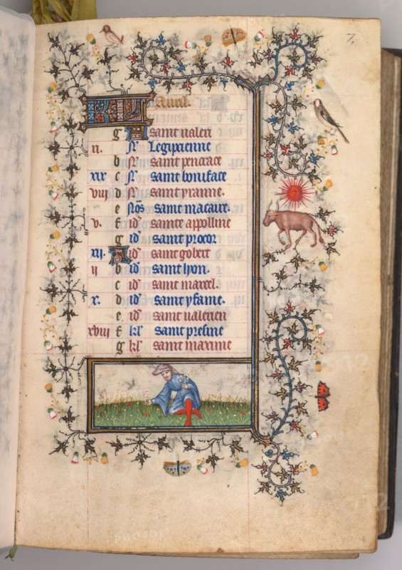 Hours of Charles the Noble, King of Navarre (1361-1425): fol. 4r, April, c. 1405. Master of the Brussels Initials and Associates (French). Ink, tempera, and gold on vellum; codex: 20.3 x 15.7 x 7 cm (8 x 6 3/16 x 2 3/4 in.)