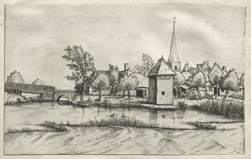 Views of Villages in Brabant and Campine:  A Moated Village, c. 1561. Attributed to Master of the Small Landscapes (Flemish). Etching and engraving
