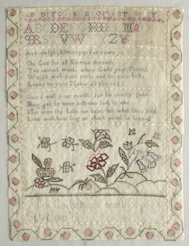 Sampler, February 17, 1755. Alles Corbett. Wool scrim, silk cross and satin stitches, eyelet and petite point; overall: 40 x 30.2 cm (15 3/4 x 11 7/8 in.).