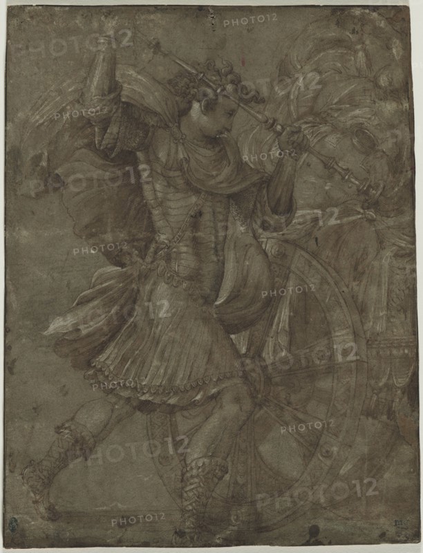 Man in Armor beside a Chariot, c. 1550. Assistant of Francesco Salviati (Italian, 1510-1563). Pen and brown ink and brush and brown wash over black chalk, heightened with white; sheet: 35.7 x 27.1 cm (14 1/16 x 10 11/16 in.); secondary support: 35.7 x 27.4 cm (14 1/16 x 10 13/16 in.); tertiary support: 35.8 x 27.4 cm (14 1/8 x 10 13/16 in.).