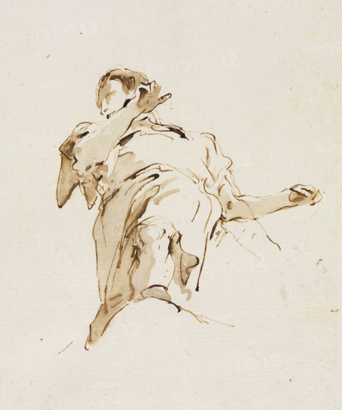 Male(?) Figure Seen from Below, c. 1740s. Giovanni Battista Tiepolo (Italian, 1696-1770). Pen and brown ink and brush and brown wash; sheet: 22.5 x 16.2 cm (8 7/8 x 6 3/8 in.); secondary support: 26 x 19.9 cm (10 1/4 x 7 13/16 in.).