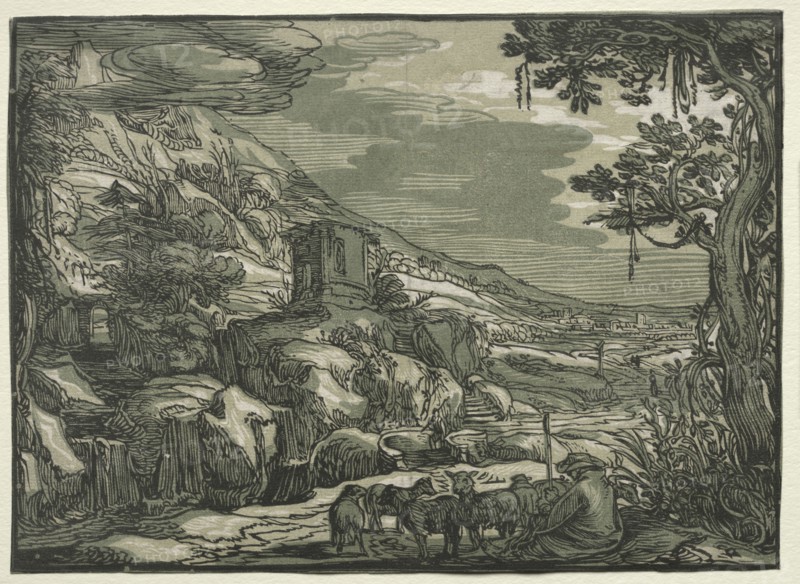 Arcadian Landscape, c. 1615. Attributed to Hendrick Goltzius (Dutch, 1558–1617). Chiaroscuro woodcut printed in blakc and two shades of green; sheet: 18.2 x 24.4 cm (7 3/16 x 9 5/8 in.)