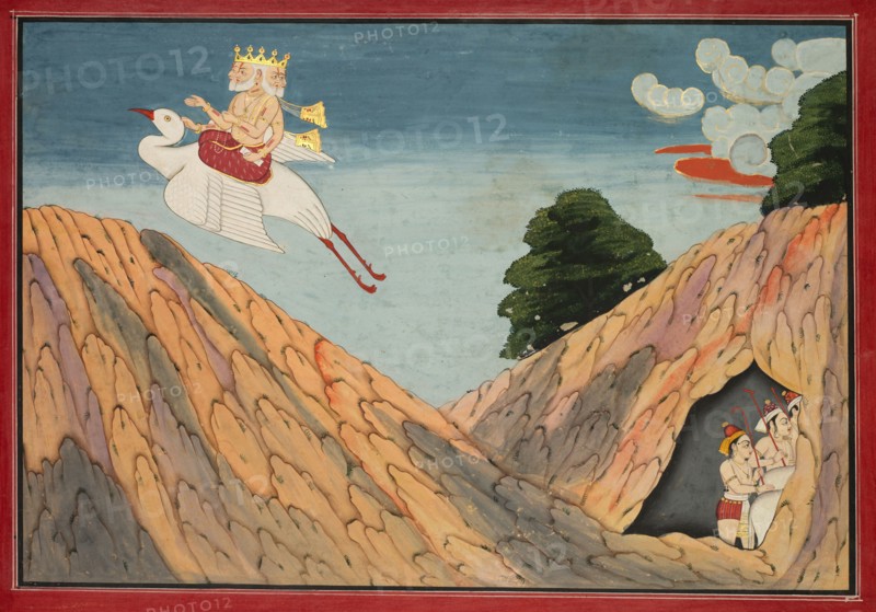 Brahma Hides the Cowherds and the Calves in the Cave, page from a  Bhagavata Purana, c. 1760-1765. India, Pahari Hills, Basholi School, 18th century. Ink and color on paper; image: 27.5 x 37.8 cm (10 13/16 x 14 7/8 in.); overall: 30.6 x 40.2 cm (12 1/16 x 15 13/16 in.).