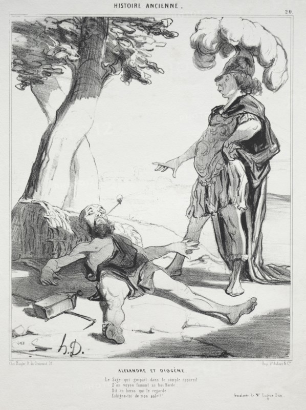 published in le Charivari (no du 14 aoüt 1842): Ancient History, plate 20: Alexander and Diogenes, 14 August 1842. Honoré Daumier (French, 1808-1879), Aubert. Lithograph; sheet: 33.8 x 25.4 cm (13 5/16 x 10 in.); image: 26.2 x 21.5 cm (10 5/16 x 8 7/16 in.)