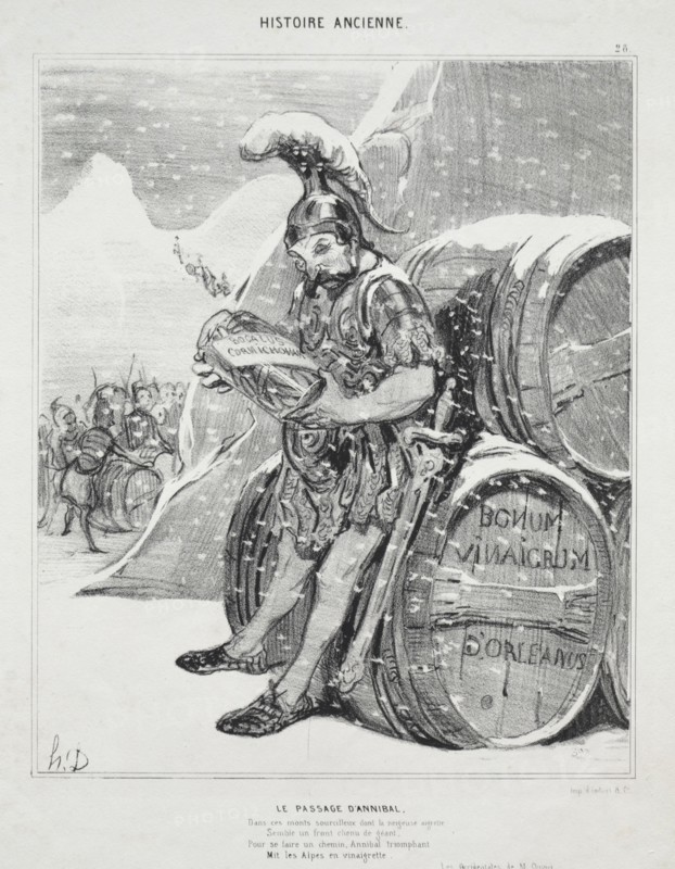 published in le Charivari (no 6 octobre 1842): Ancient History, plate 28: The Passage of Hannibal, 6 October 1842. Honoré Daumier (French, 1808-1879), Aubert. Lithograph; sheet: 34 x 25.5 cm (13 3/8 x 10 1/16 in.); image: 24.4 x 20.3 cm (9 5/8 x 8 in.).