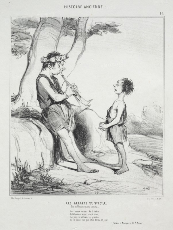 published in le Charivari (no du 31 décembre 1842): Ancient History, plate 48: The Shepherds of Virgil, 31 December 1842. Honoré Daumier (French, 1808-1879), Aubert. Lithograph; sheet: 34.1 x 25.4 cm (13 7/16 x 10 in.); image: 22.5 x 19.3 cm (8 7/8 x 7 5/8 in.).