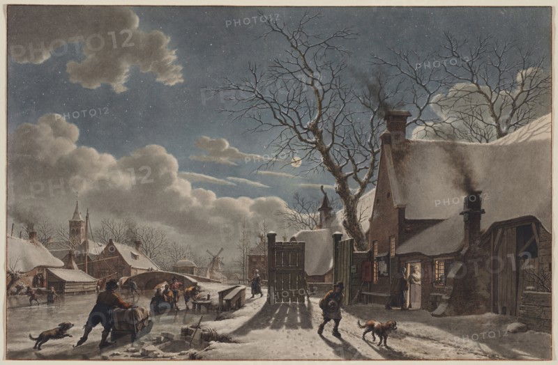Winter Night in a Dutch Town, 1797. Jacob Cats (Dutch, 1741-1799). Watercolor heightened with white gouache; framing lines in brown wash; sheet: 30.9 x 47.5 cm (12 3/16 x 18 11/16 in.).