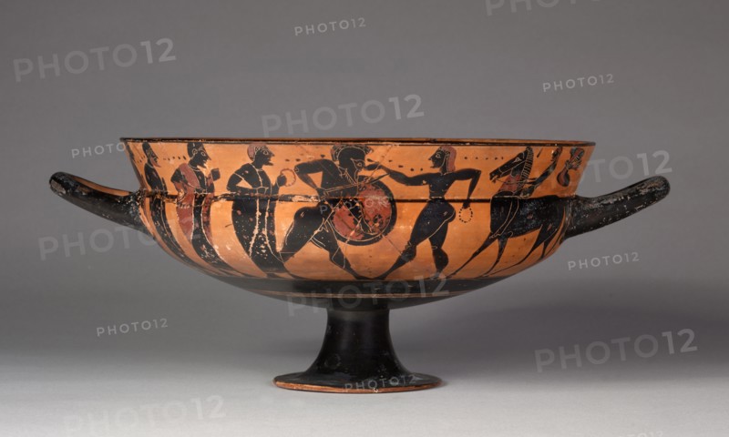 Siana Cup, 575-550 BC. Greece, 6th Century BC. Black-figure terracotta; diameter: 26.8 cm (10 9/16 in.); overall: 14.1 cm (5 9/16 in.).