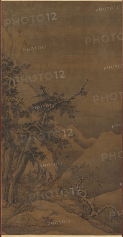 Birds in a Grove in a Mountainous Winter Landscape, 1100s. Possibly by Gao Tao (Chinese, 1100s). Hanging scroll, ink and slight color on silk; overall: 174.9 x 90.2 cm (68 7/8 x 35 1/2 in.).