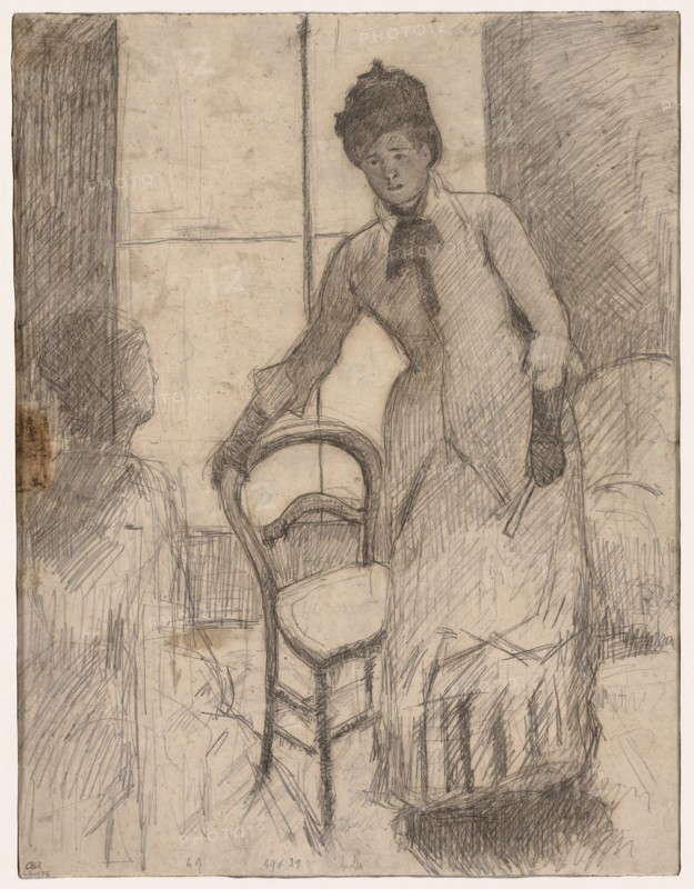 The Visitor (recto); The Visitor (verso), c. 1881. Mary Cassatt (American, 1844-1926). Black and tan pencil; sheet: 40 x 30.9 cm (15 3/4 x 12 3/16 in.).
