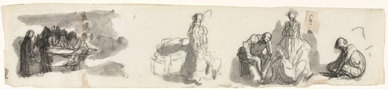 Sheet of Studies with a Group of Four Figures to the Right, third quarter 1800s. Honoré Daumier (French, 1808-1879). Black chalk and brush and gray wash; sheet: 6.5 x 29.8 cm (2 9/16 x 11 3/4 in.).