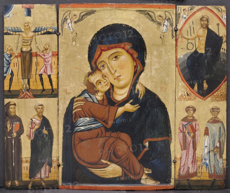 Virgin and Child with Saints, c. 1230s. Berlinghiero (Italian, bef 1242). Triptych (tabernacle); tempera and gold on poplar panel; overall: 42.6 x 51.5 cm (16 3/4 x 20 1/4 in.); center: 42.8 x 27 cm (16 7/8 x 10 5/8 in.); left: 42.5 x 12.5 cm (16 3/4 x 4 15/16 in.); right: 42.4 x 12 cm (16 11/16 x 4 3/4 in.).