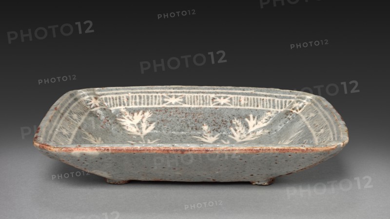 Dish with Grasses and Rocks, late 1500s–early 1600s. Japan, Momoyama period (1573-1615) to Edo period (1615-1858). Stoneware with underglaze iron oxide slip and incised designs (Mino ware, Shino type); overall: 20 cm (7 7/8 in.).