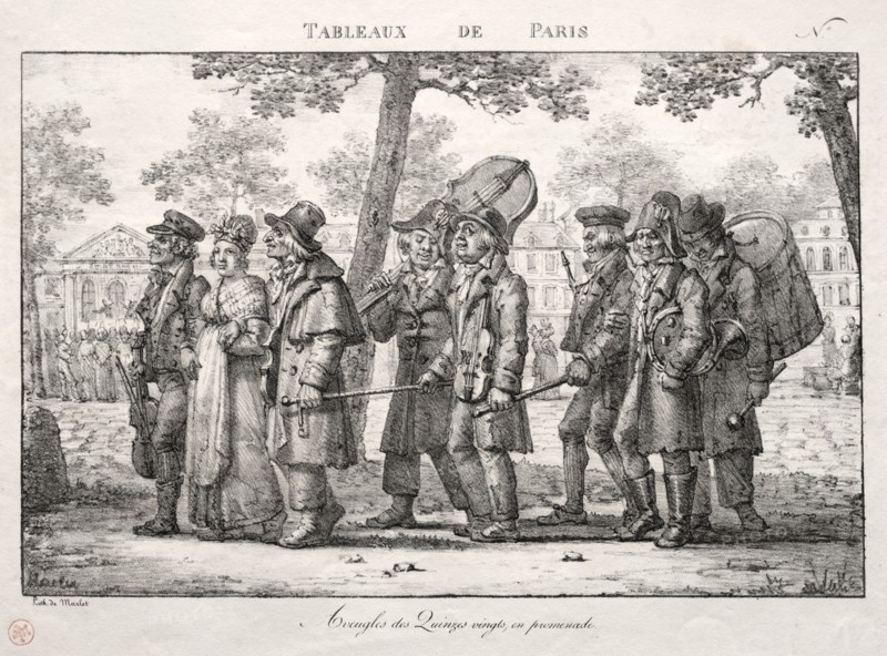 Scenes of Paris:  Blind Men from the Quinze Vingts, Walking. Jean Henri Marlet (French, 1770-1847). Lithograph