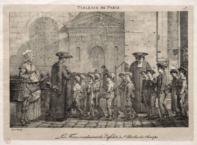 Scenes of Paris:  The Brothers Conducting the Children to St. Nicholas of the Fields. Jean Henri Marlet (French, 1770-1847). Lithograph
