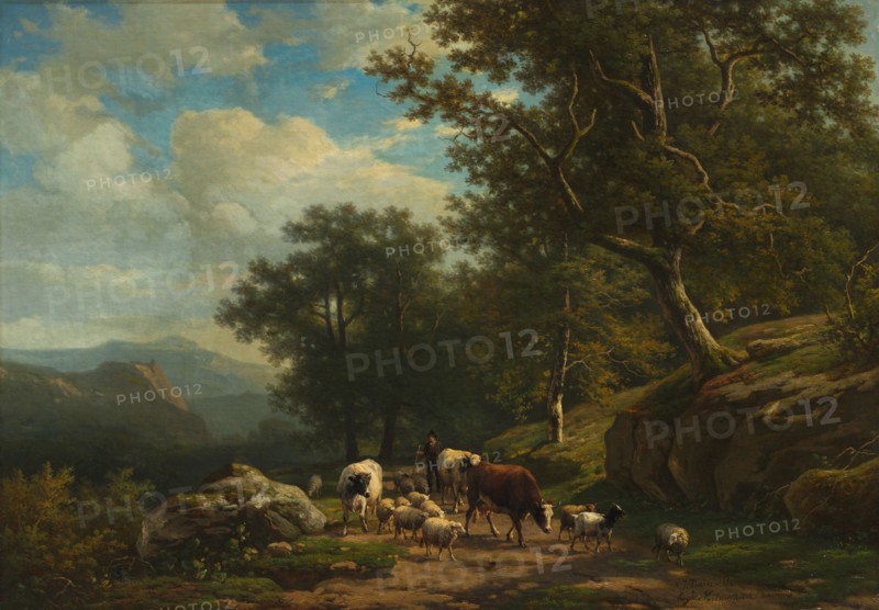 Landscape with a Peasant and His Flock, c. 1850 - 1859. Alexander Joseph Daiwaille (Dutch, 1818-1888), and Eugène Joseph Verboeckhoven (Belgian, 1798-1881). Oil on fabric; unframed: 55.2 x 78.7 cm (21 3/4 x 31 in.)