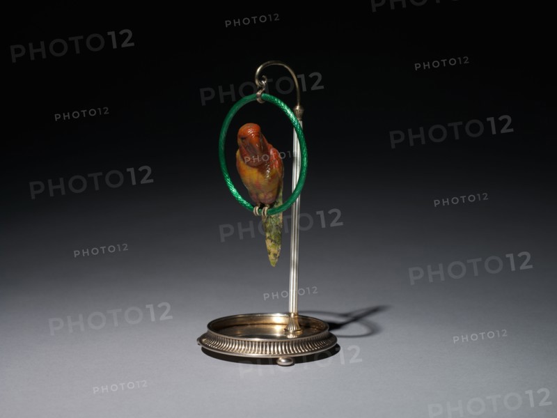 Parrot on a Perch , 1896-1903. Mikhail Evlampievich Perkhin (Russian, 1860-1903), firm of Peter Carl Fabergé (Russian, 1846-1920). Silver, enamel, jasper, agate, emeralds; overall: 15.3 x 7.4 cm (6 x 2 15/16 in.).