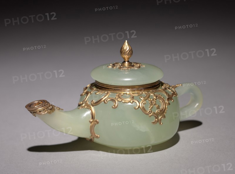 Miniature Teapot, before 1896. Firm of Peter Carl Fabergé (Russian, 1846-1920), Mikhail Evlampievich Perkhin (Russian, 1860-1903). Jade, gold; overall: 5.8 x 10.9 cm (2 5/16 x 4 5/16 in.).