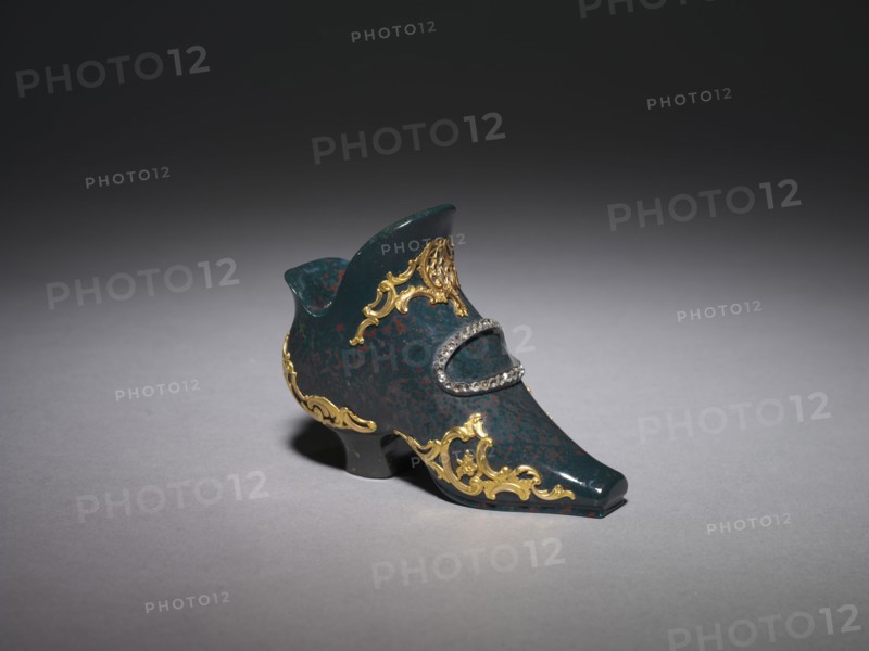 Miniature Shoe, before 1903. Attributed to Mikhail Evlampievich Perkhin (Russian, 1860-1903), firm of Peter Carl Fabergé (Russian, 1846-1920). Bloodstone, gold, diamonds, silver; overall: 7.2 x 8.9 x 3.4 cm (2 13/16 x 3 1/2 x 1 5/16 in.).