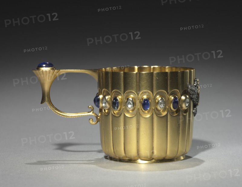 Miniature Cup, before 1896. Firm of Peter Carl Fabergé (Russian, 1846-1920), Mikhail Evlampievich Perkhin (Russian, 1860-1903). Gold, diamonds, sapphires; overall: 4.4 x 8 cm (1 3/4 x 3 1/8 in.).