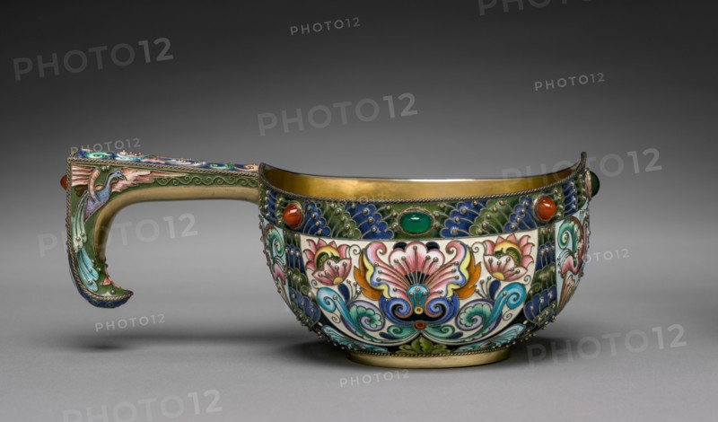 Kovsh (Wine Vessel), 1896-1906. Fedor I. Rückert (Russian, 1840-1917). Silver gilt, enamel, cabochon gems, chrysoprases, carnelians; overall: 8.3 x 20.4 x 12.7 cm (3 1/4 x 8 1/16 x 5 in.).