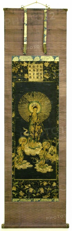 Raigo: Descent of the Amida Buddha, 1400s. Japan, Muromachi Period (1392-1573). Silk and human hair embroidery mounted as a hanging scroll; overall: 109.1 x 37.2 cm (42 15/16 x 14 5/8 in.); painting only: 109.1 x 37.2 cm (42 15/16 x 14 5/8 in.).