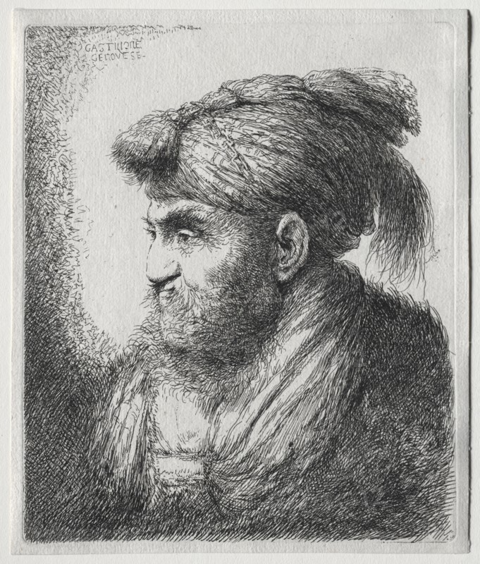 The Large Heads of Men in Oriental Headdress:  A Man Nearly in Profile and Turned to Left. Giovanni Benedetto Castiglione (Italian, 1609-1664). Etching