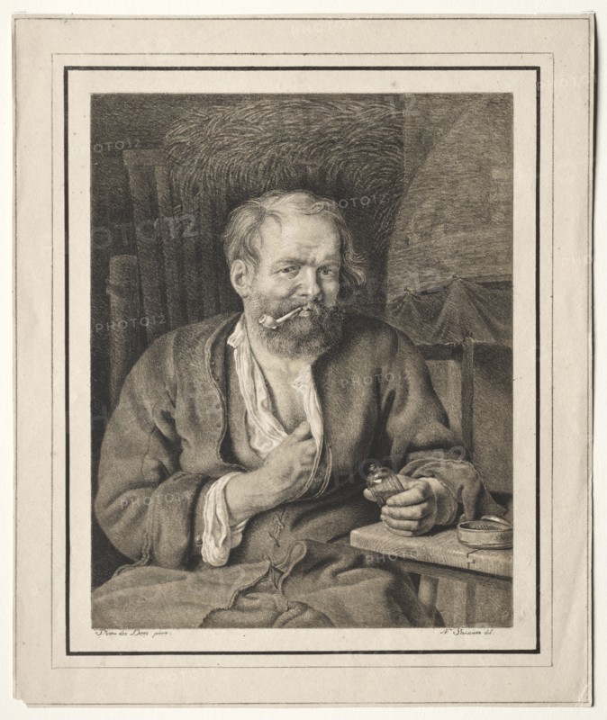 Peasant Sitting at a Table, Smoking a Pipe, 1817-1821. Johann Nepomuk Strixner (German, 1782-1855). Color lithograph