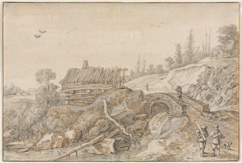 Hilly Landscape with Hut Beside a Stream, 1627. Van de Velde Esaias (Dutch, 1587-1630). Black chalk and brush and gray and brown wash (addition, upper left, in white paint and black chalk);  framing lines in brown ink; sheet: 19.6 x 29.2 cm (7 11/16 x 11 1/2 in.).