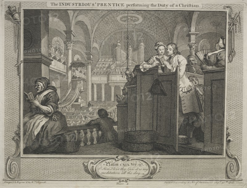 Industry and Idleness: The Industrious Prentice Performing the Duty of a Christian, 1747. William Hogarth (British, 1697-1764). Etching
