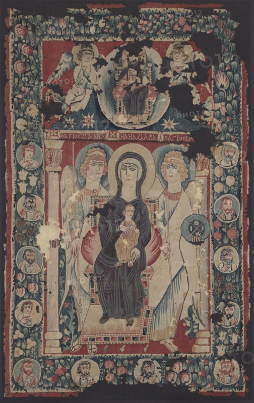 Icon of the Virgin and Child, 500s. Egypt, Byzantine period, 6th century. Slit-and dovetailed-tapestry weave; wool ; overall: 178.7 x 110.5 cm (70 3/8 x 43 1/2 in.); mounted: 197.4 x 128.2 x 6.4 cm (77 11/16 x 50 1/2 x 2 1/2 in.).