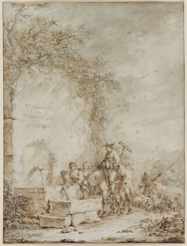 Frontispiece for an Album of Drawings: Peasants at a Fountain, 1784. Dirk Langendijk (Dutch, 1748-1805). Pen and black ink and brush and brown and gray wash over graphite; framing lines in black ink; sheet: 39.4 x 29.8 cm (15 1/2 x 11 3/4 in.).