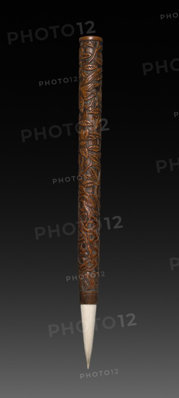 Brush with Carved Designs, 1573-1619. China, Ming dynasty (1368-1644), Wanli mark and reign (1573-1619). Carved bamboo; overall: 24.2 cm (9 1/2 in.); handle: 21 cm (8 1/4 in.); top: 16.8 cm (6 5/8 in.).