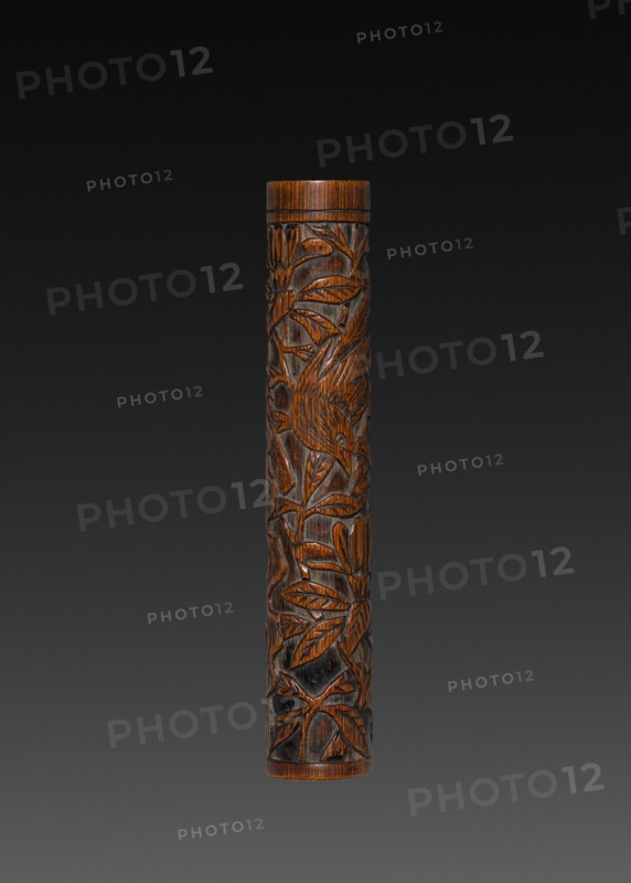 Brush with Carved Designs (brush cap), 1573-1619. China, Ming dynasty (1368-1644), Wanli mark and reign (1573-1619). Carved bamboo; overall: 24.2 cm (9 1/2 in.); handle: 21 cm (8 1/4 in.); top: 16.8 cm (6 5/8 in.).