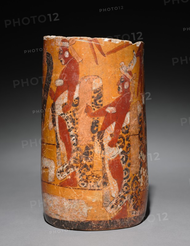 Cylindrical Vessel with Palace Scene, 600-900. Mexico or Central America, Maya stye (250-900). Earthenware with colored slips; diameter: 19 x 11.3 cm (7 1/2 x 4 7/16 in.); overall: 19.1 cm (7 1/2 in.).